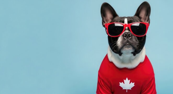 Festive french bulldog celebrating canada day wearing sunglasses and canadian apparel
