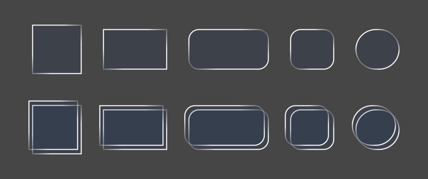 Futuristic metallic border frames set with glowing silver neon lines and geometric shapes on dark background