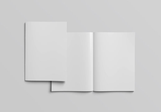 Magazine cover and open magazine mockup on isolated white background. 3D rendering
