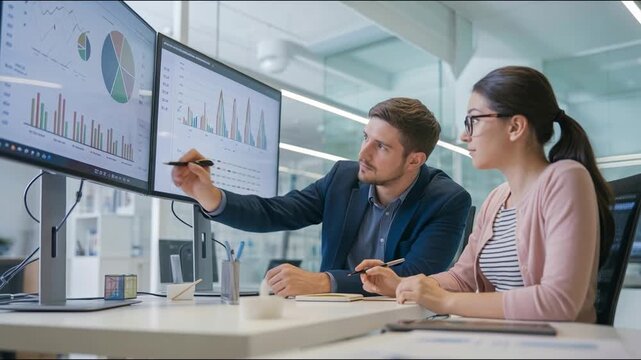 Focused young business professionals collaborating on data analysis, pointing at financial charts and graphs displayed on dual computer monitors during a corporate meeting in a modern office environme