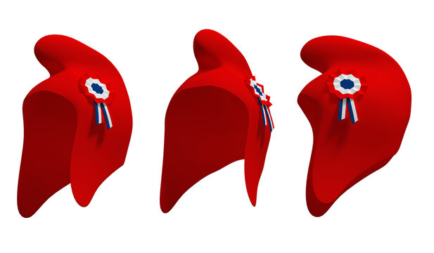 Trois vues d'un bonnet phrygien rouge avec cocarde tricolore, 14 juillet - rendu 3D sur fond blanc	
