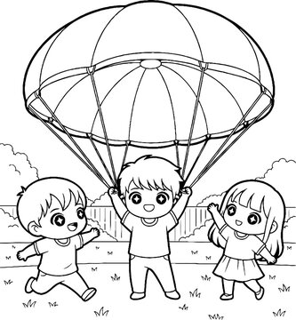 Three happy children playing with a large parachute outdoors.