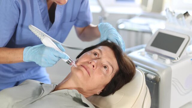 Aged female patient undergoing device-driven facial treatment using ion bubble pen attachment for gentle exfoliation, deep hydration and skin rejuvenation at cosmetic medicine clinic