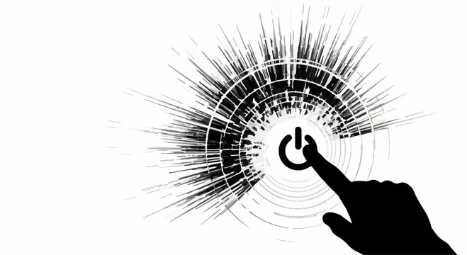 Finger pressing power button with radiating energy on white background