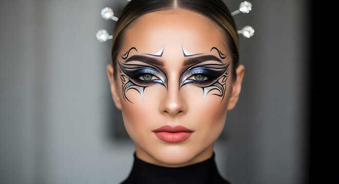 Portrait of a woman with creative metallic eyeliner and tribal makeup