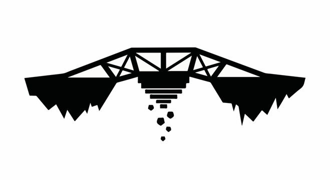 Stylized silhouette of a collapsing bridge over rocky terrain, symbolizing decay and structural failure.