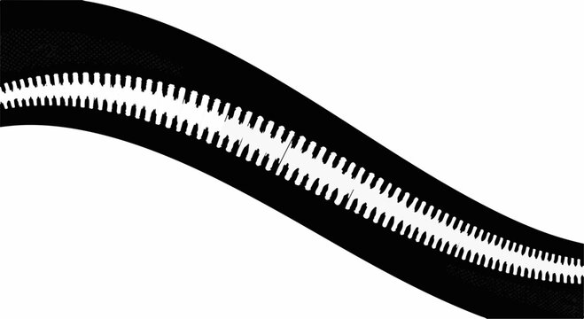 Close-up abstract view of a black zipper with white teeth against a white background.