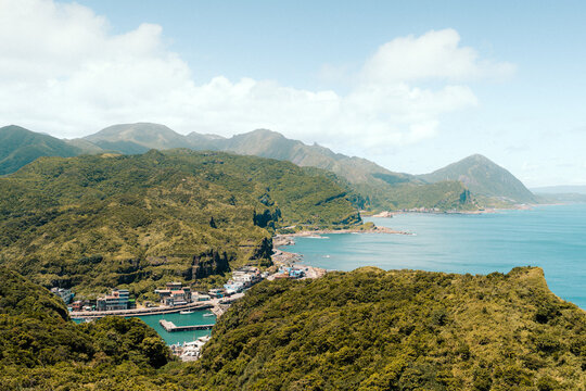Coastal Landscape and Fishing Village Viewed from Bitou Cape in New Taipei City, Taiwan