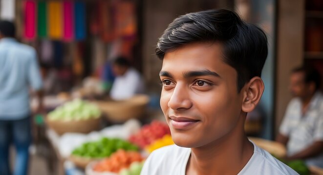 Portrait of a young Indian man smiling at a market stall outdoors
