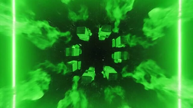 Abstract green neon frame with smoke and stars on a dark background