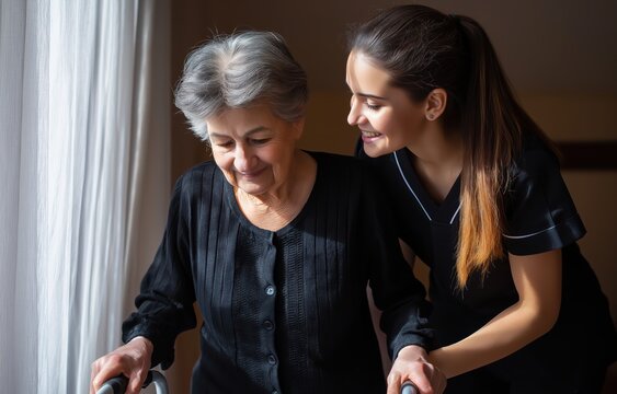 Immigrant home health aide supports senior woman as she uses a walker to improve mobility in a bright indoor setting during the day