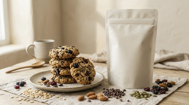 Wholesome Functional Wellness Cookies Stacked with Natural Ingredients and Mockup Packaging for Healthy Snacking.
