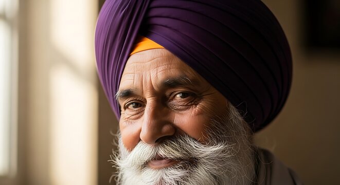 Portrait of an elderly Indian man with a purple turban and white beard