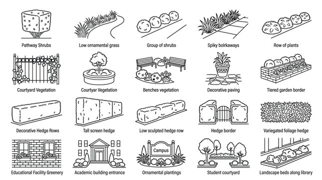 Vector illustrations of various landscaping and gardening elements