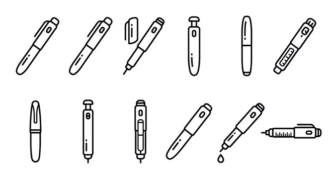 Various black outline icons of medical pens, including insulin pens and other injection devices, on a clean white background