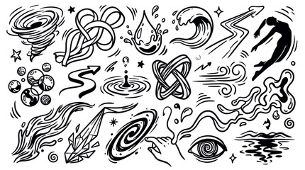 Obraz premium Various hand-drawn doodle elements depicting abstract concepts like nature, energy, and human forms in a stylized black and white illustration