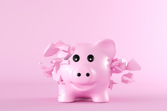3D Rendering, Piggy bank bursting into pieces in front of pink background