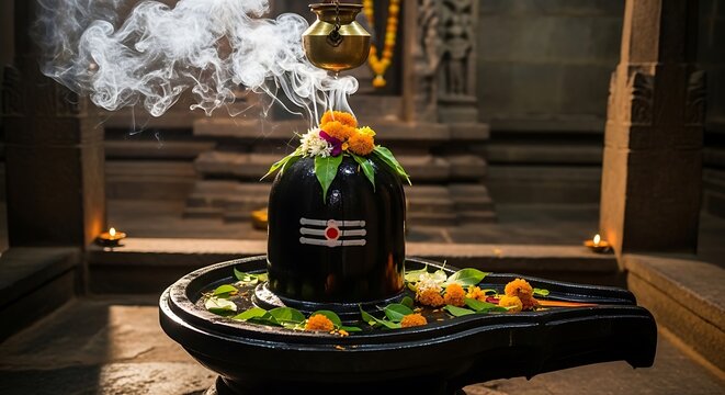 Shiva Lingam idol with incense smoke and flower offerings in a temple