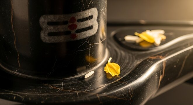 Shiva Lingam stone sculpture with flower petals and rice for ritual worship