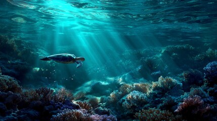 Obraz premium Underwater Scene of a Majestic Sea Turtle Swimming Gracefully Through Vibrant Coral Reefs Illuminated by Sunlight Rays in Clear Ocean Water
