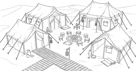 Fototapeta premium Detailed black and white line art illustration of a desert camp with multiple tents, a central campfire, and wooden pathways