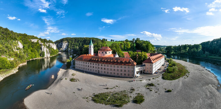 Germany, Bavaria, Kelheim, Aerial panorama of Weltenburg Abbey in summer