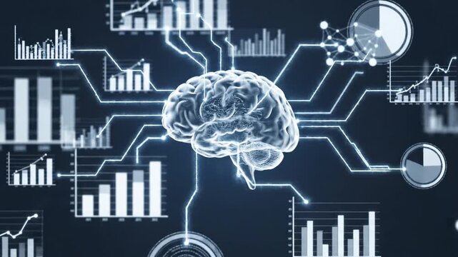 Digital AI brain connected to business analytics data network