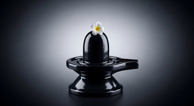 Shiva Lingam with white plumeria flower against a dark gradient background