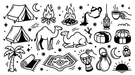 Obraz premium Collection of hand-drawn desert camping elements including tents, camels, campfires, and traditional items in a doodle style