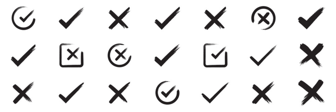 Grunge vector checkmark and cross. Grunge green check mark and red cross mark icon set. brush correct or incorrect sign with check mark eps 10