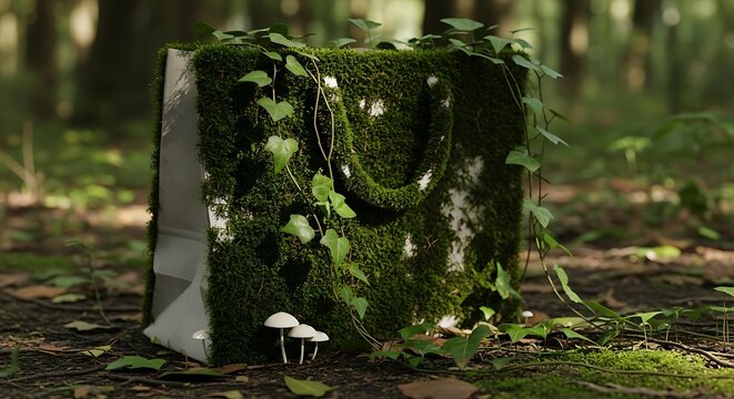 Shopping bag covered with moss and ivy standing in a forest environment