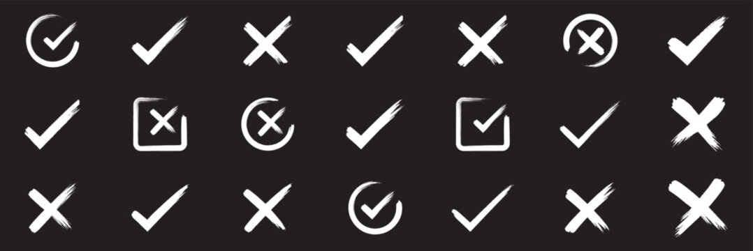 Grunge vector checkmark and cross. Grunge green check mark and red cross mark icon set. brush correct or incorrect sign with check mark eps 10