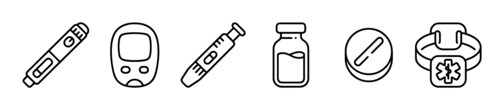 Collection of black outline medical icons, including a blood glucose meter, insulin pen, and vial, arranged horizontally on a clean white background