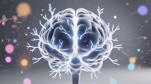 Glowing digital brain with colorful creative energy particles