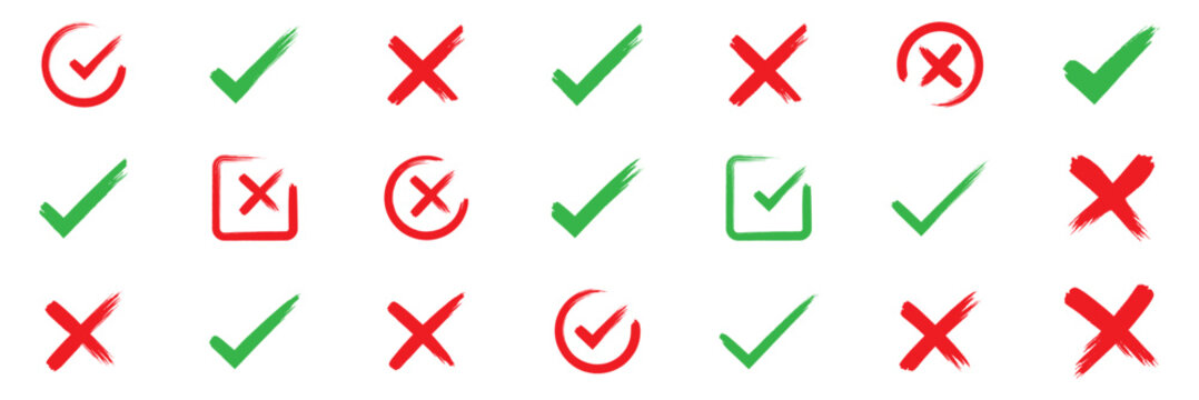 Grunge vector checkmark and cross. Grunge green check mark and red cross mark icon set. brush correct or incorrect sign with check mark eps 10