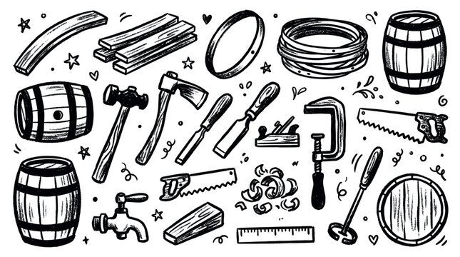 Collection of various hand-drawn carpentry tools and wooden elements, including barrels, saws, hammers, and chisels, against a clean white background