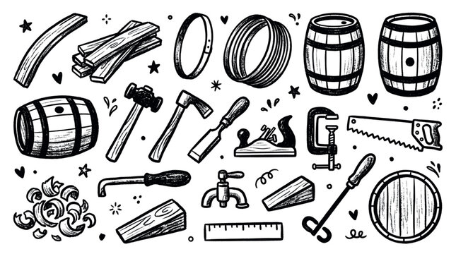 Various hand-drawn woodworking tools and barrel elements are scattered across a clean white background, creating a rustic craft pattern