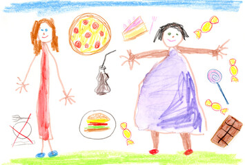 Colorful drawing illustrating eating disorder and unhealthy food