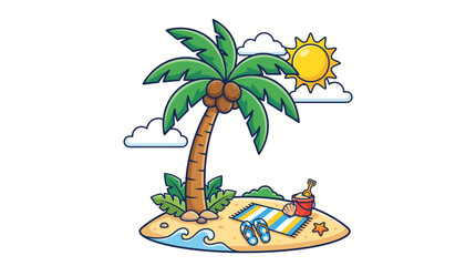 Obraz premium Tropical Island Beach with Palm Tree and Sunny Summer Vacation Landscape