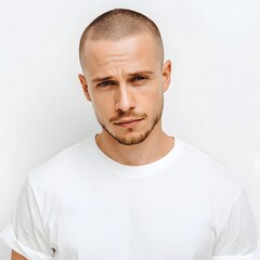 Fototapeta premium Adult male model with a short beard and mustache looking directly at the camera