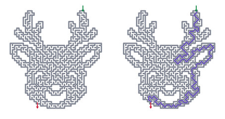 Medium difficulty Christmas reindeer maze for kids with solution, cute holiday maze activity on transparent background © Al-a