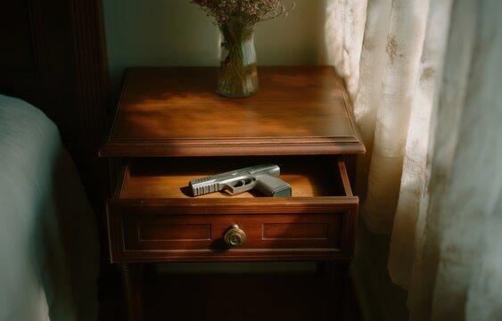 A black pistol is resting in an open drawer next to a bed, with soft sunlight filtering through sheer curtains in a home environment