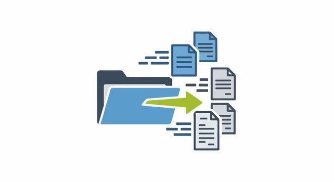A blue folder expels documents, signified by a green arrow