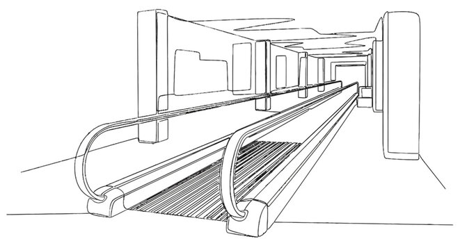 Minimalistic Line Art of Indoor Escalator in Modern Public Space for Architectural Illustration