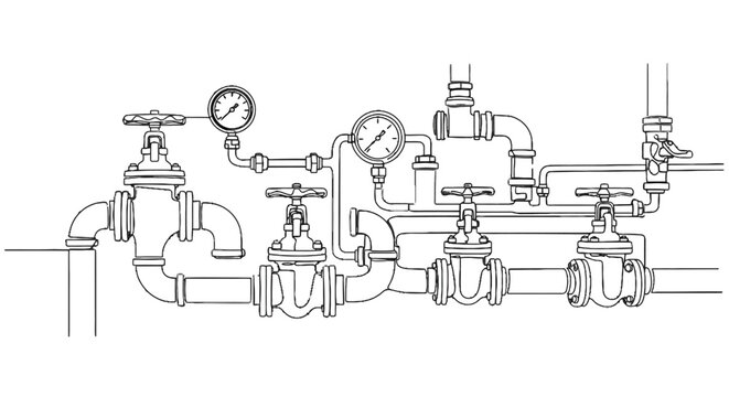 Technical illustration of complex industrial piping system with gauges and valves in black and white line art style