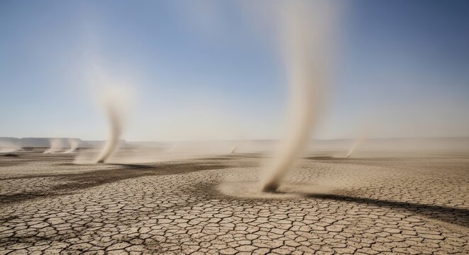Dust devils swirl across cracked desert floor under a clear blue sky