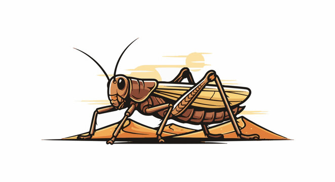 A brown grasshopper stands on desert dunes with clouds in the background