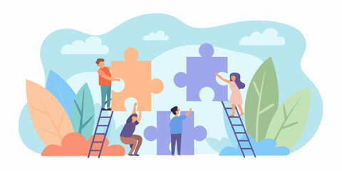people connecting puzzle pieces with ladders in a collaborative teamwork illustration high quality professional detailed © Rita