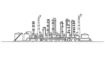 Fototapeta premium Detailed line drawing of an industrial factory complex with various chimneys and equipment illustrating manufacturing processes