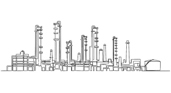 Minimalist line art illustration of an industrial factory complex with chimneys and pipelines showcasing detailed structural